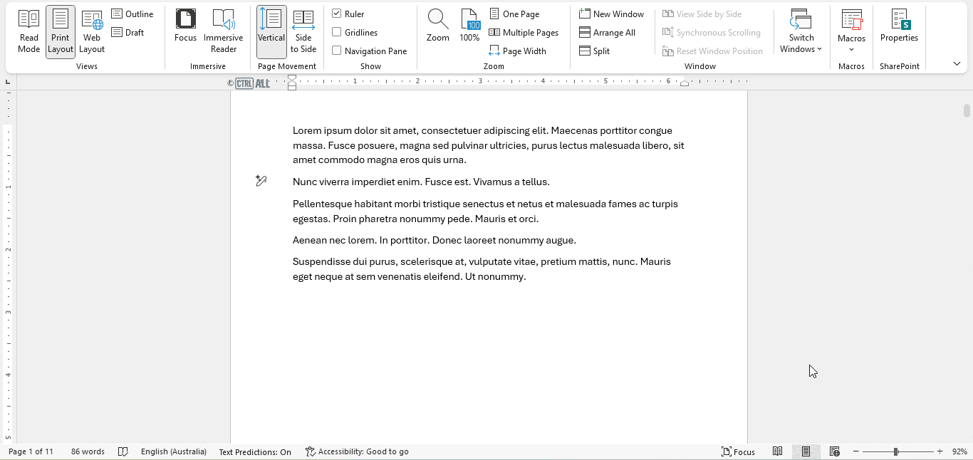 Many pages option demonstration in Word